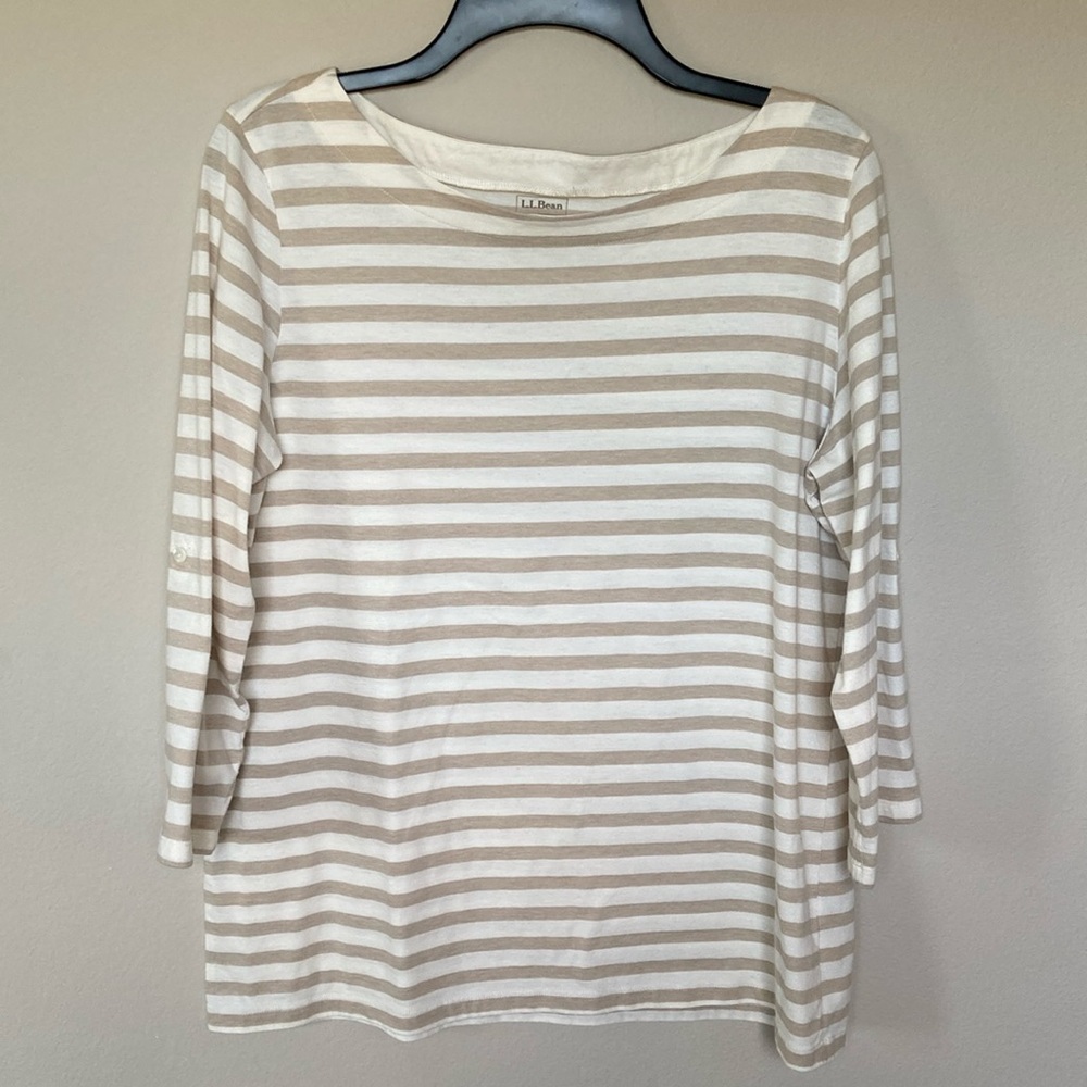 L.L. Bean Boat Neck Cream and Tan Striped Shirt